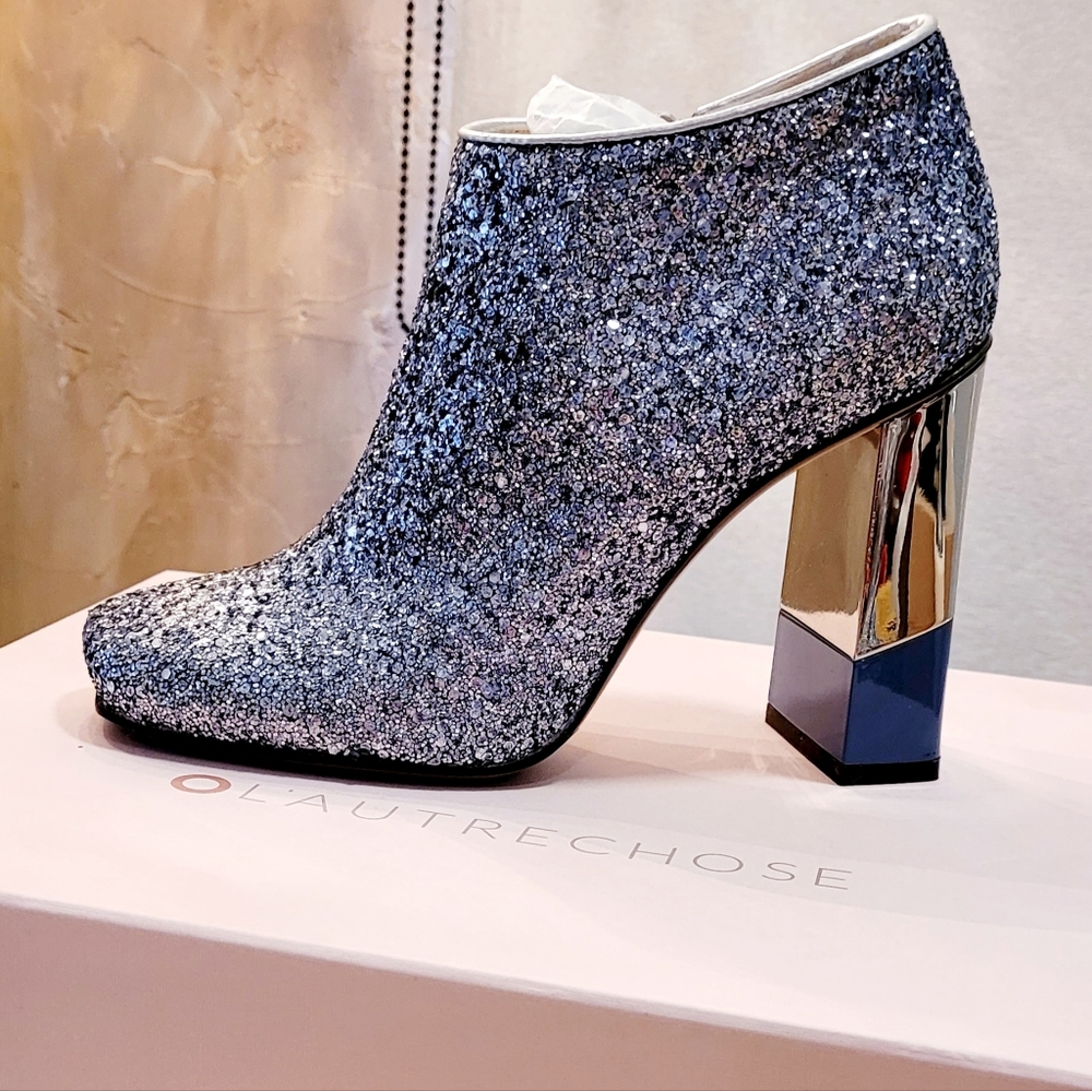 L'Autre Chose Sequin Glitter Ankle Boots, Mirror Chrome Two Toned Stacked  Heels